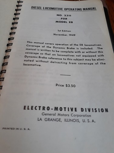 EMD Enginemen's Operating Manual Model E8 1949 general motors Locomotives