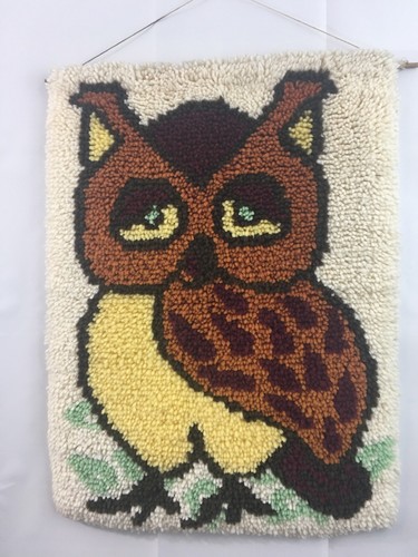 Vintage Owl Latch Hook Rug Wall Hanging Retro Decor Mcm 26x20 Large Prop
