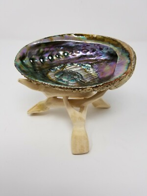Large Rainbow Abalone Shell and Wooden Tripod Sage Smudging Bowl Burner