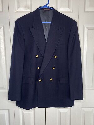 Men's Evan Picone Wool Blazer Navy Blue Double Breasted Gold Tone Buttons Sz 46