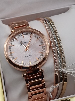 VINTAGE GRUEN MOP WATCH & 3 ROSE GOLD TONE CRYSTAL BRACELETS BOX SET NWT