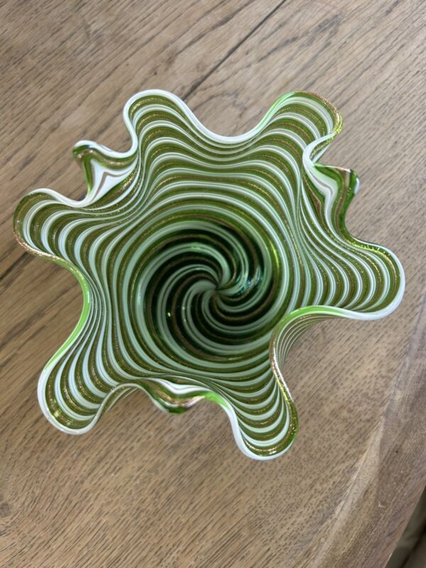 Murano Swirl Glass Handkerchief Vase Fornace Gino Mazzuccato Ribbon Striped 4x6”