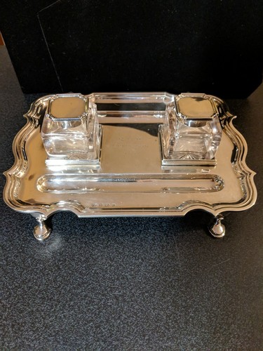 Antique Sterling Silver Double Inkwell By Elkington & Co Ltd 1929, 21.8 ozt ASW