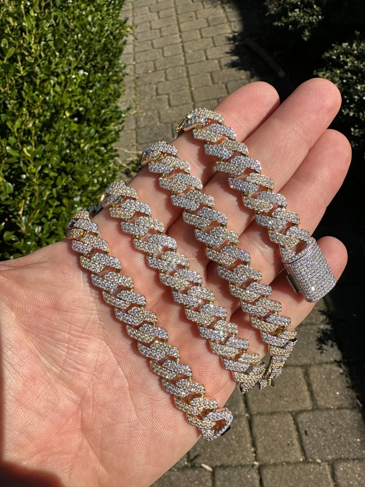 MOISSANITE Real Miami Cuban Link Prong Chain Ice Gold Plated 925 Silver Necklace