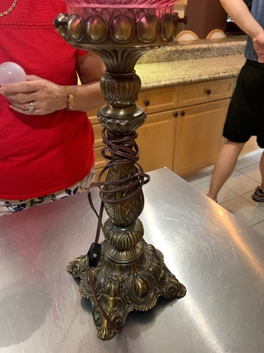 Pair Of Fenton Rose Pink Cranberry Color Lamp Brass Antique 33 Inch