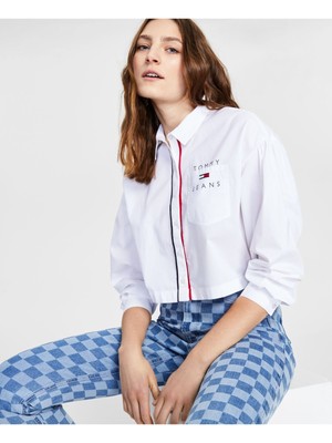 

TOMMY JEANS Женский белый прозрачный укороченный топ на пуговицах с логотипом и рукавами с манжетами и воротником, размер