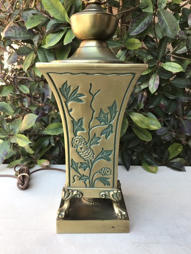Vintage Ornate Oriental Style Table Lamp Brass 27” Tall Floral Inlay Design