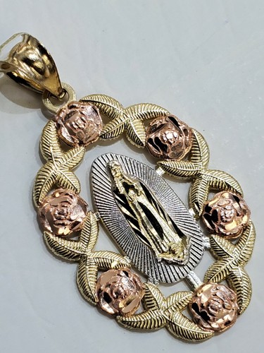 Pre-owned Rosegold 14k Yellow Rose Gold Virgin Mary Holy Mother Oval Pendant Charm 1.35" Lng