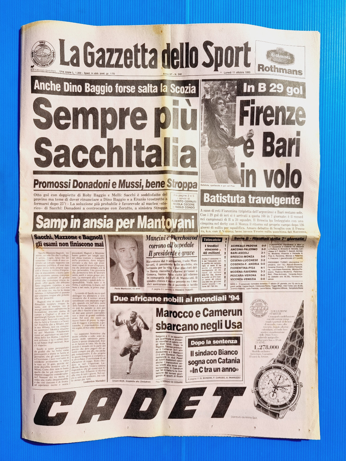 Gazzetta Dello Sport - 26 Octobre 1998 - Del Piero, Batistuta, Milan - Original