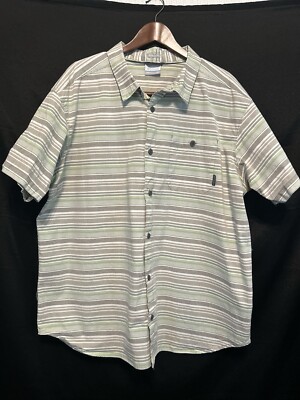 Columbia Shirt Mens XXL Green Tan Stripe Regular Fit Short Sleeve Button Up