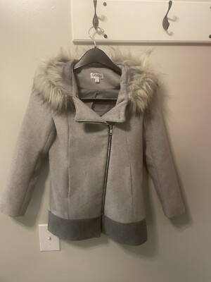 COFFEE SHOP Kids Color block Coat Faux Fur Trim Hooded Sz L Grey