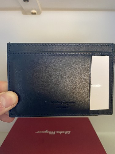 Pre-owned Ferragamo Salvatore  Black Leather Card Holder Plaque Box Id $350 Logo Gancin