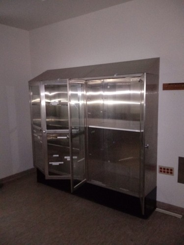 Vintage Stainless Steel & Glass Medical Tall Lab Cabinets Apothecary Display 35'
