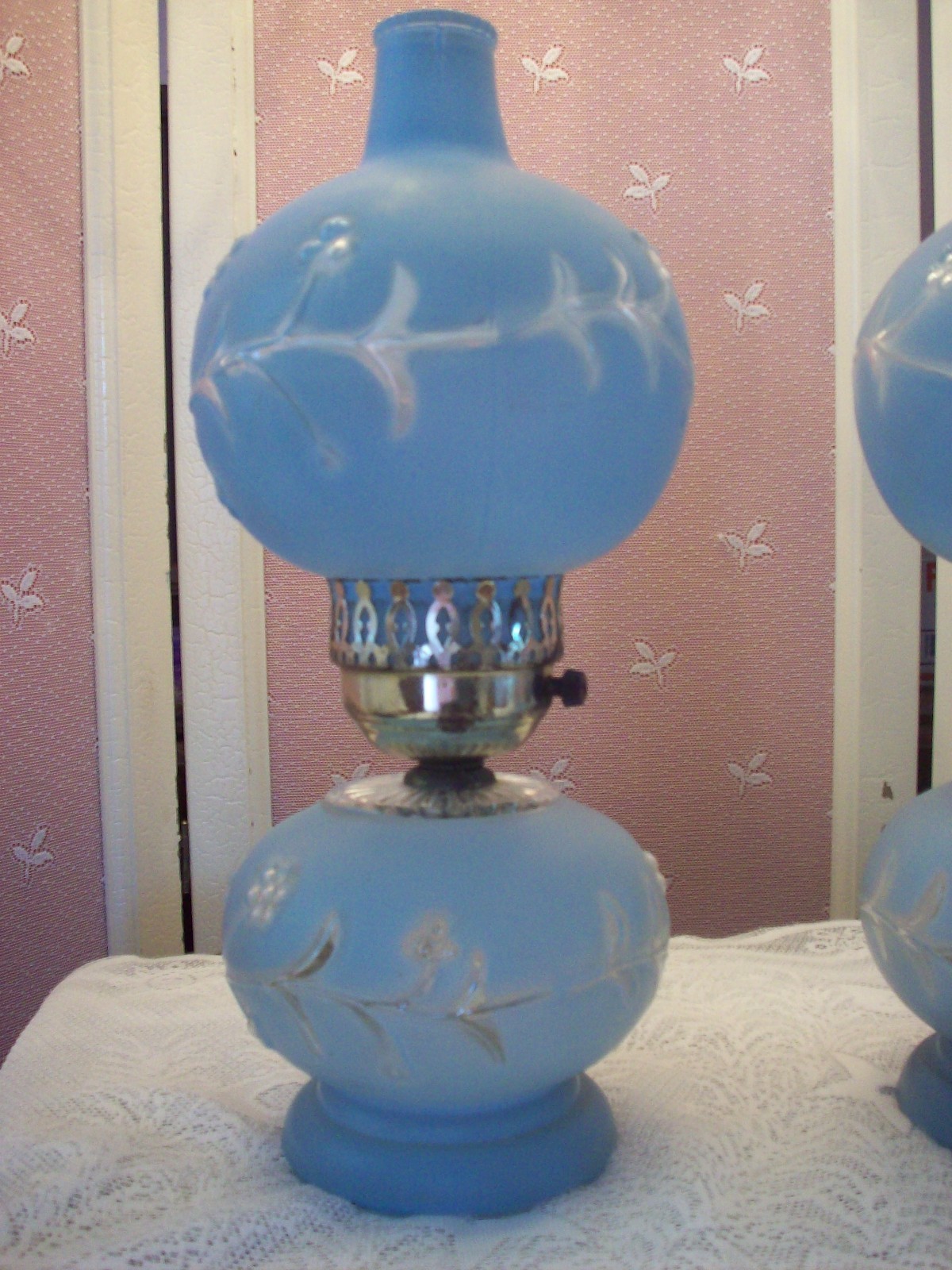 VINTAGE SET OF BLUE GLASS HURRICANE LAMPS