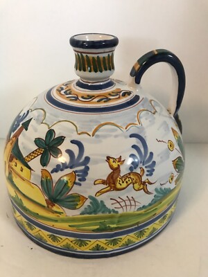 Large Ceramic Jug Vase Hand Painted Spain Animals Floral 8-1/2'' Tall Decor