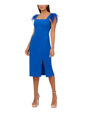 AIDAN Womens Blue Lined Feathered Sleeve Sleeveless Sheath Dress 14