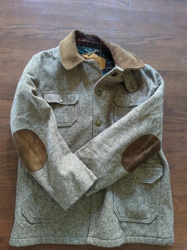 Vintage Woolrich Field Coat Jacket Leather Collar 100% Wool Plaid Lining Size 42