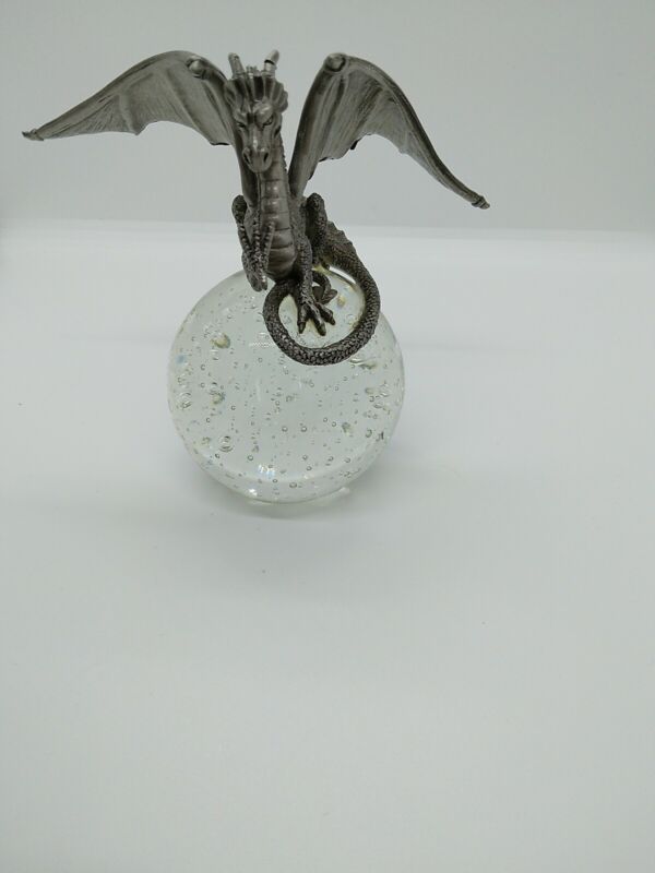 Pewter Dragon On Glass Orb Figurine Approx. 5"