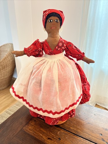 Cover Handmade Doll Red Bandana Ricrac Trim Dress Folk Art