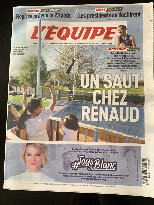 L'Equipe Journal 11/04/2020; Chez Renaud Lavillenie/ Indy Car; Wickens/ Yachvili