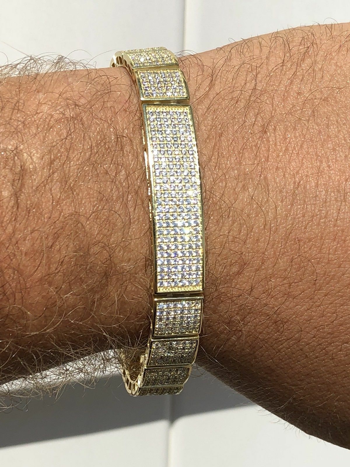 Pre-owned Online0369 4 Ct Cubic Zirconia Mens Custom Tennis Bracelet Yellow Gold Plated 925 Silver