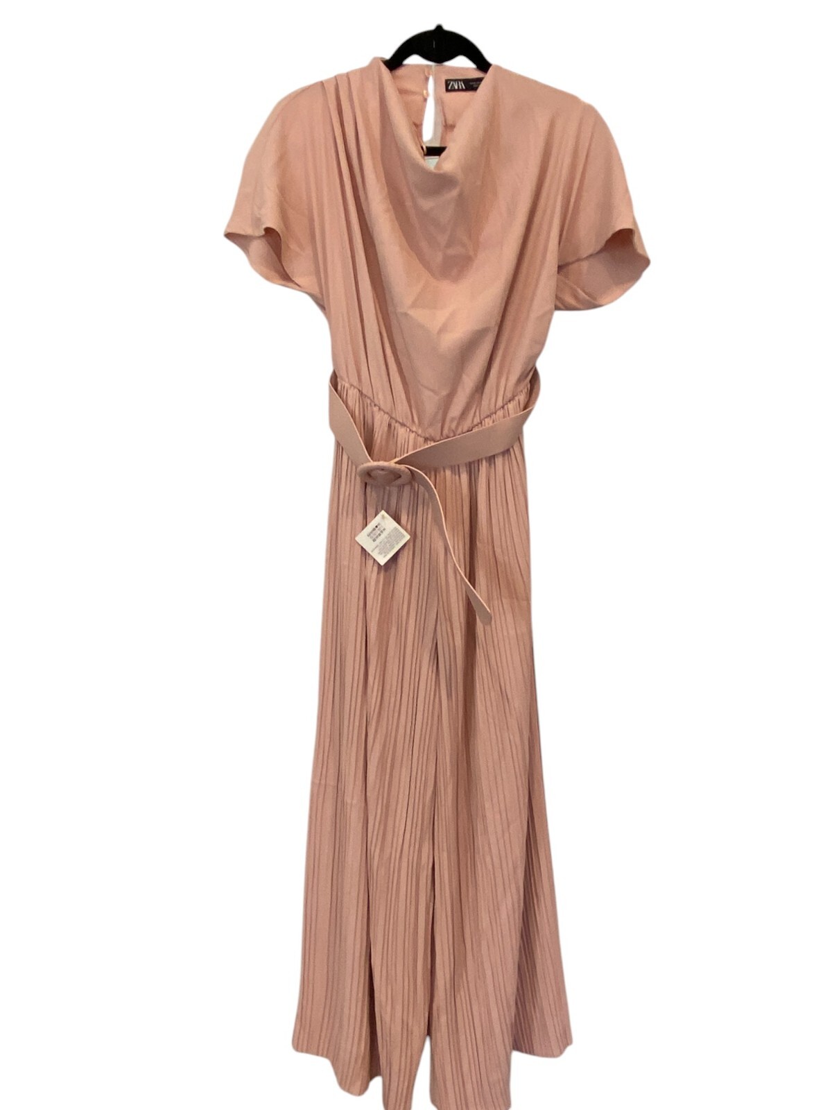 Zara Womens Jumpsuit M Pink Belted Drape Neck Pleated Wide