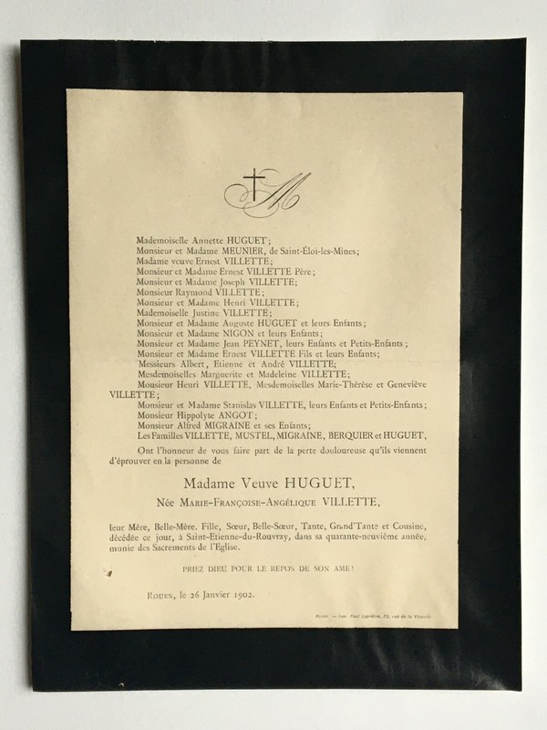 Huguet Meunier Villette Nigon Faire Part Peynet Angot Migraine Mustel Rouen 1902