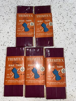 5 Lot Vintage Wrights Trimtex Bias Fold Tape Seam Binding 1/2'' X 4 Yds Maroon