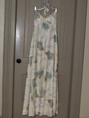 Vtg. 1950's Polyester Lined Cream and Green Halter Top Maxi Evening Gown Lovely