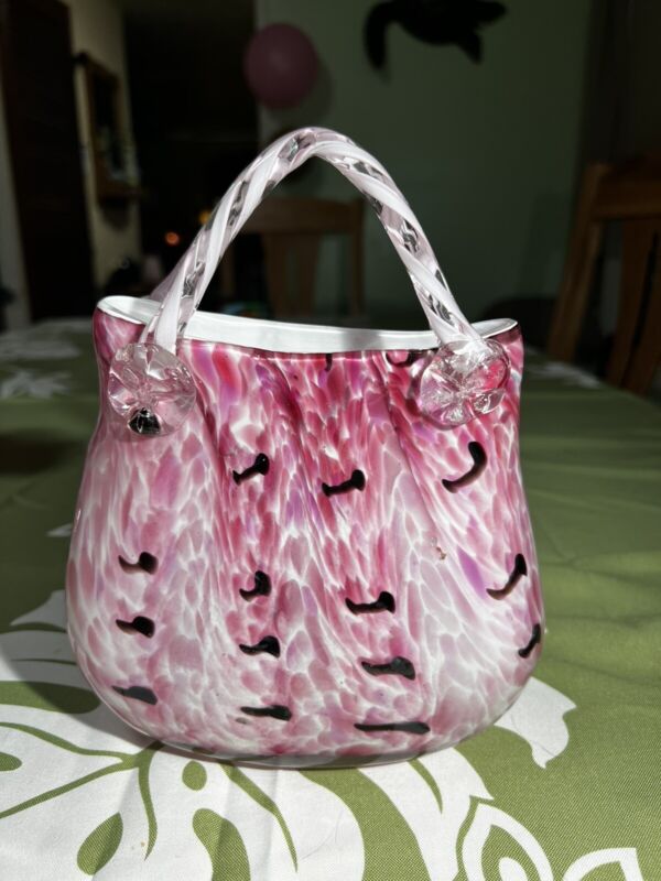Vintage Murano Pink Glass Vase Hand Bag Art Glass