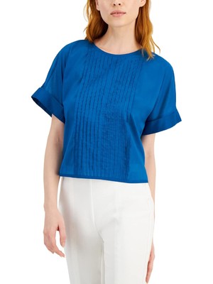 Женская блузка ALFANI бирюзового цвета с коротким рукавом и круглым вырезом для работы Petites PS