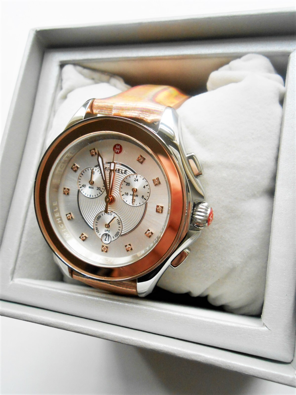 Pre-owned Michele Cape Chrono Diamond Topaz Leather Strap Watch Rose Gold Silver Bnib $595
