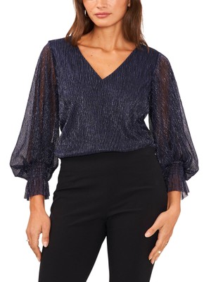 MSK Womens Navy Lined Smocked Cuffs Pullover Long Sleeve V Neck Party Top M