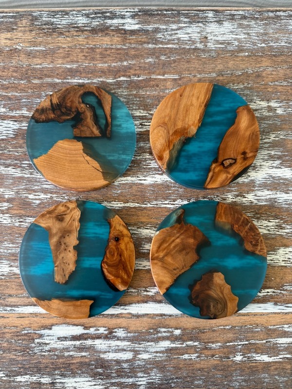 Teal Blue Resin River Wood Drink Coasters Set of 4