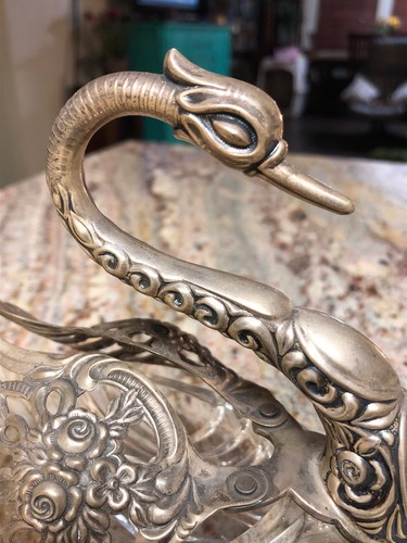 Antique Swan Crystal Glass Silver Bowl Candy Dish 835S Stamped