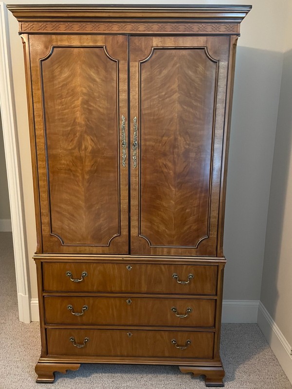 Vintage Drexel Devoncourt Collection English Yew Wood Linen Press Armoire