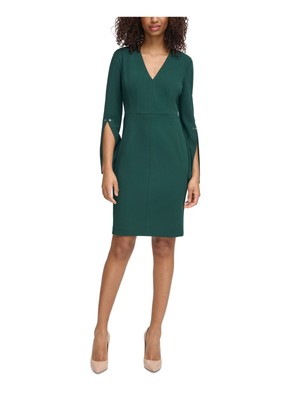 TOMMY HILFIGER Womens Green Unlined Split-sleeve Above The Knee Sheath Dress 4