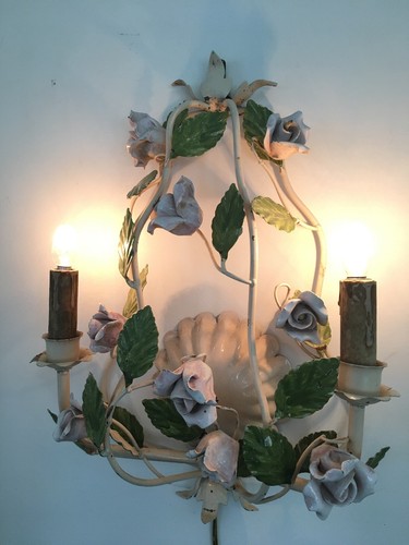 Vintage Italian Tole Sconce Pink Porcelain Roses Chippy Shabby Chic