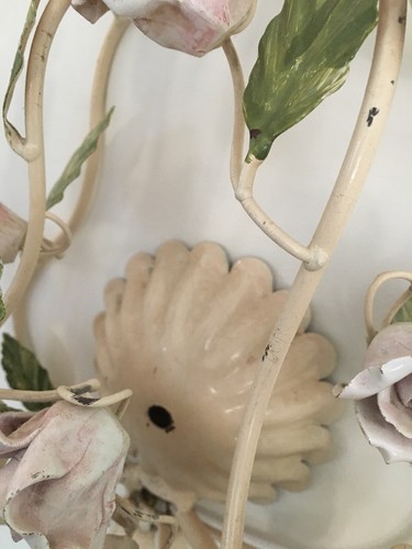 Vintage Italian Tole Sconce Pink Porcelain Roses Chippy Shabby Chic