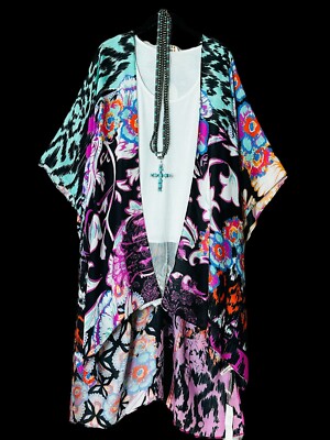 Plus Size Vibrant Boho Hippie Ethnic Kimono Cardigan Duster Black Multicolor