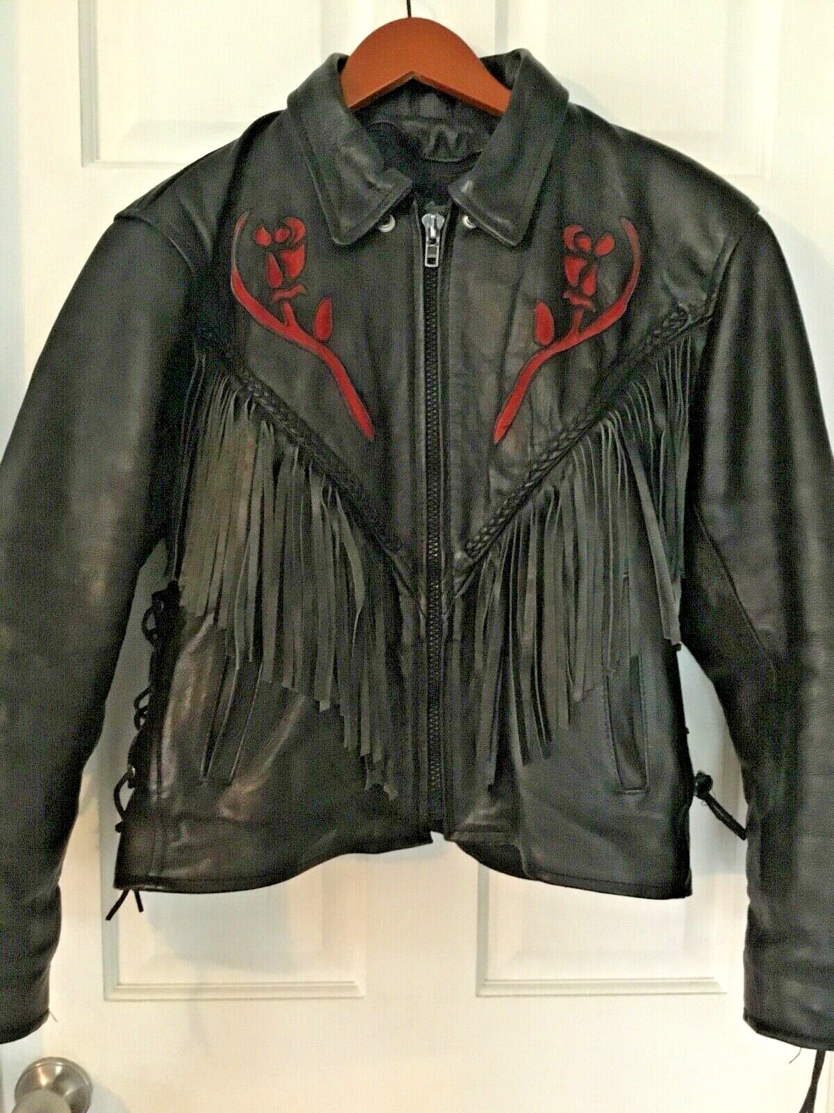 ジャケット・アウター vintage rose design fringe leatherjacket Vintage Women's Leather riding jacket coat large roses 3M
