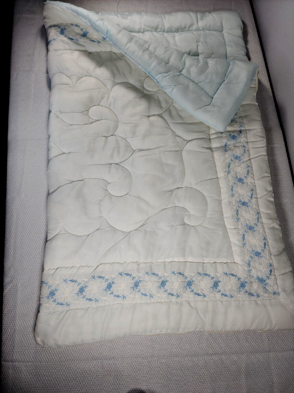 vintage Baby Boy Zip Up Quilted Sleep Sack. Embroidered. Blue/ White 20x30