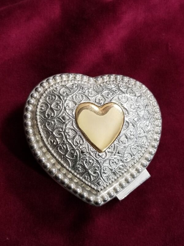 Godinger Etched Gold Tone Heart Silver Plated Jewelry Trinket Box Lined Red VTG