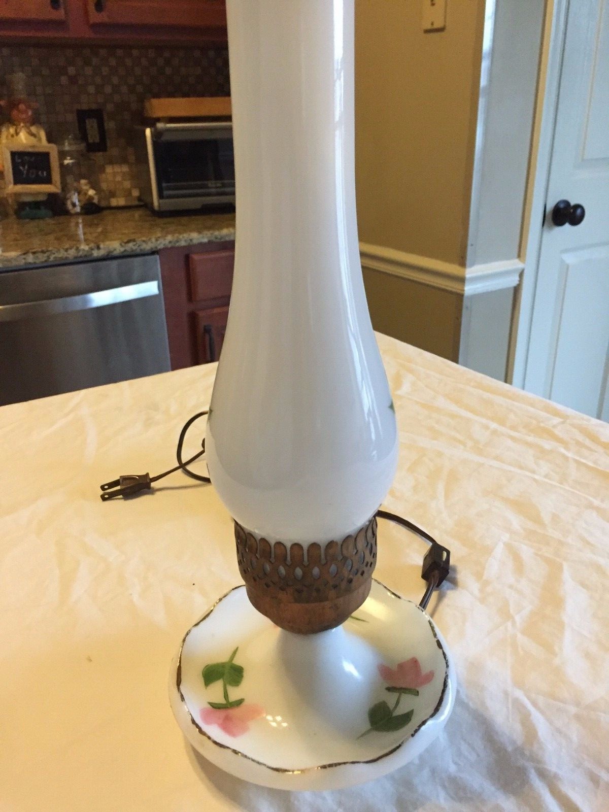 Vintage Milk Glass Hurricane Floral Table Lamp Bed Light Hand Painted White Pink