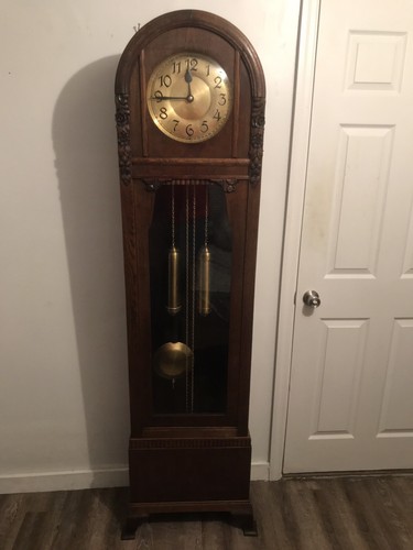 Round Top German Grandfather Antique Clock Hand Carved Case Bim Bam Striking