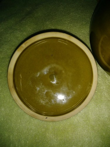 HULL Pottery Avocado Green Drip Glaze Bean Pot Metal Handle 3 Footed