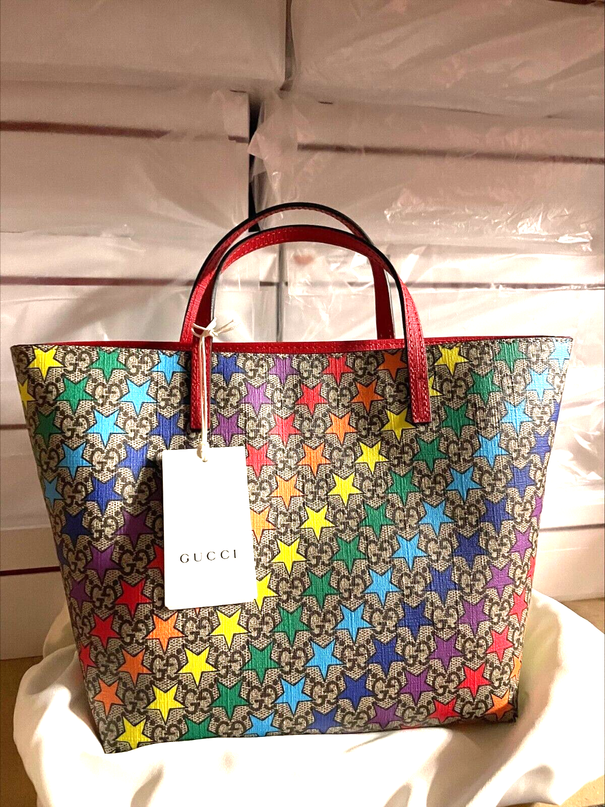 Gucci Rainbow Stars Leather Supreme Tote Handbag Bag Red Gucci Rainbow Stars Leather Supreme Tote Handbag Bag Red