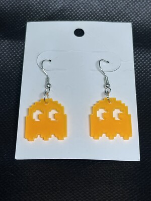 Pac man Ghost Clyde Neon Orange see-through Earrings - Plastic NEW