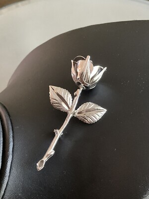 Silver Tone Rose Stem Brooch Pin