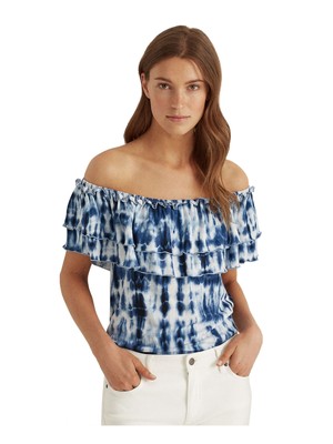 

RALPH LAUREN Женский синий топ с открытыми плечами и рюшами Tie Dye Flutter